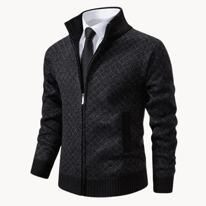 Men's patterned full-zip sweater jacket with stand collar. Perfect for stylish warmth and winter layering.