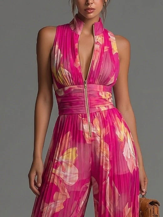 Chic women's sleeveless floral jumpsuit with a halter neck and flowing wide leg, ideal for parties.