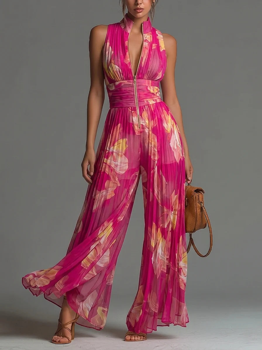 Elegant women's floral halter jumpsuit with flowing wide legs, perfect for occasion wear.
