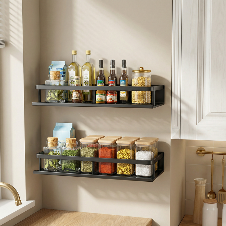 Stylish gray metal kitchen organizer shelf, a modern wall-mounted spice rack with hooks for tidy storage.