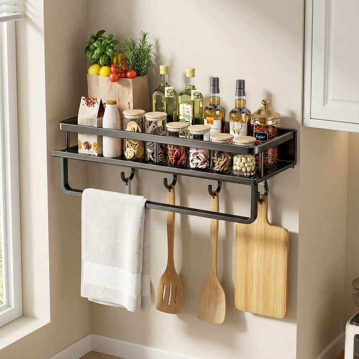 Sleek gray metal kitchen wall shelf with multiple hooks, a practical and modern space-saving storage solution.
