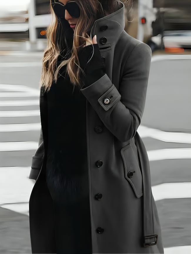 Women's classic belted trench coat with high collar, button cuffs, and elegant design, perfect for fall and spring fashion.