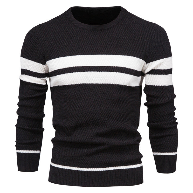 Man wearing a casual slim fit striped crew neck sweater, ideal for versatile men's everyday fashion.