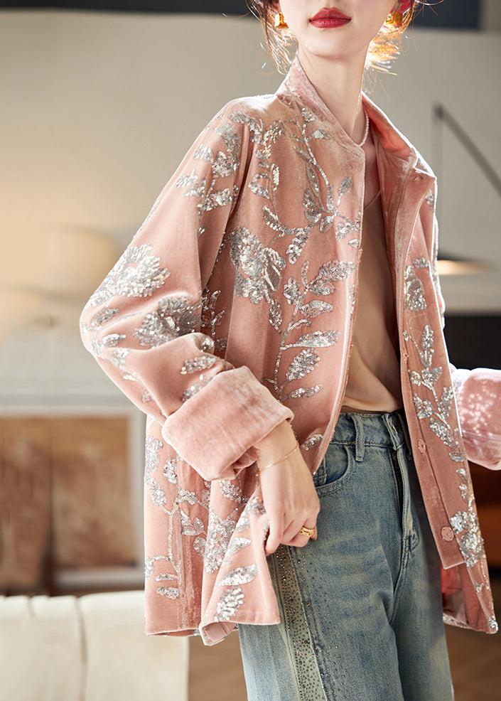Chic women's long sleeve coat, perfect winter outerwear. Features stylish pink sequin buttons & elegant design.