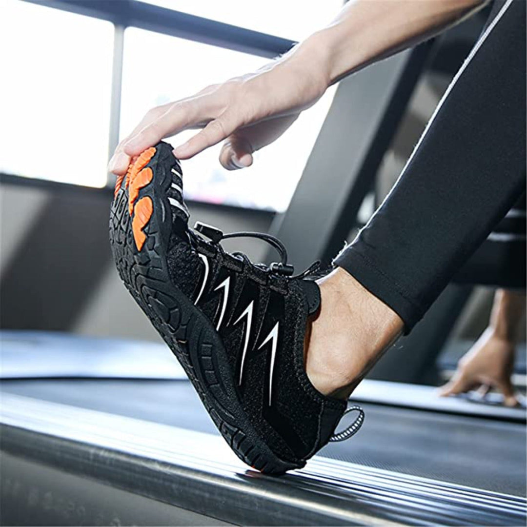 Comfortable men's walking shoes, wide fit barefoot design for natural flexibility.