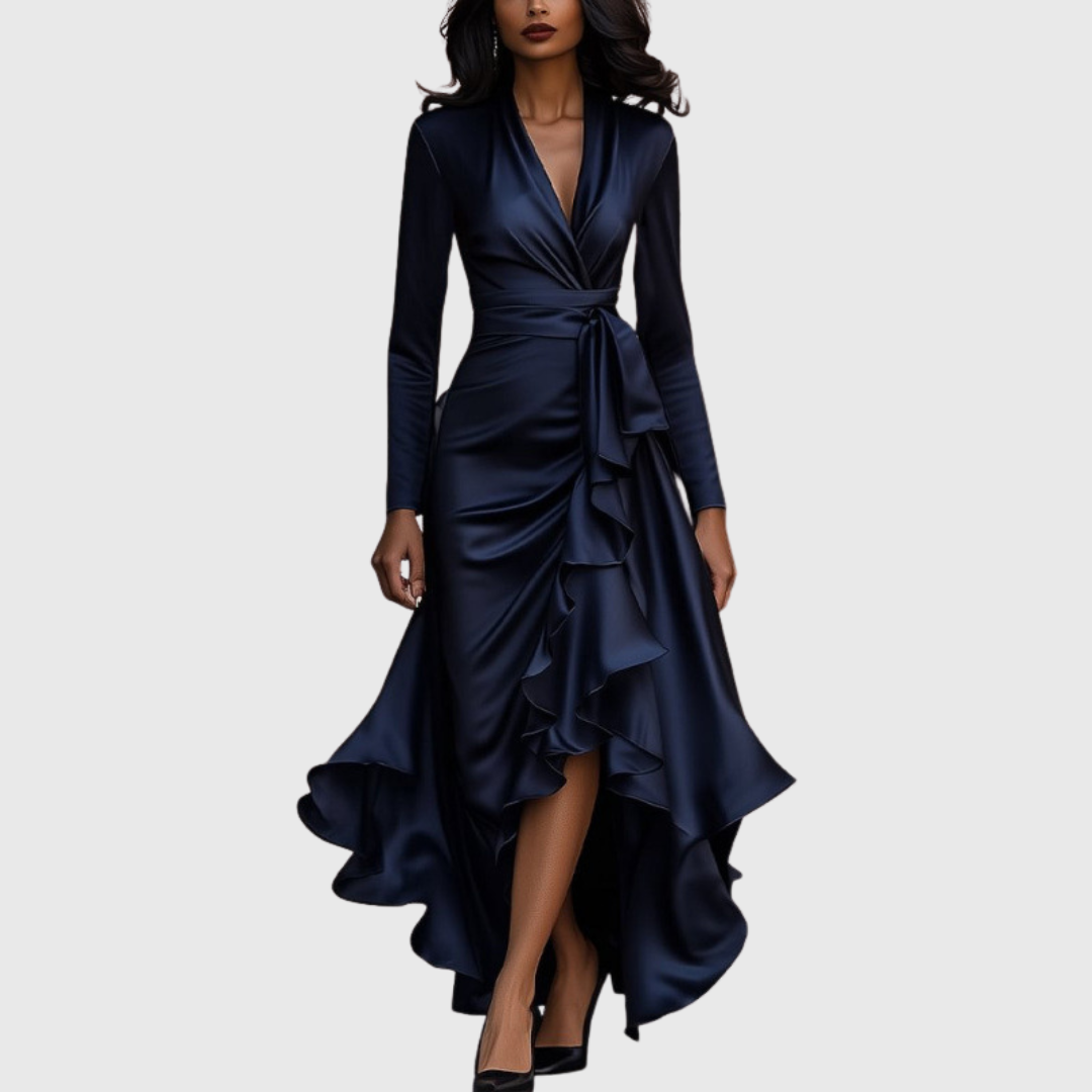 Elegant women's flowing maxi dress with delicate ruffles, perfect for evening wear or special occasions.
