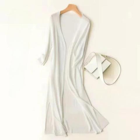 Chic women's long open front cardigan, versatile layering for everyday & elegant casual outfits.