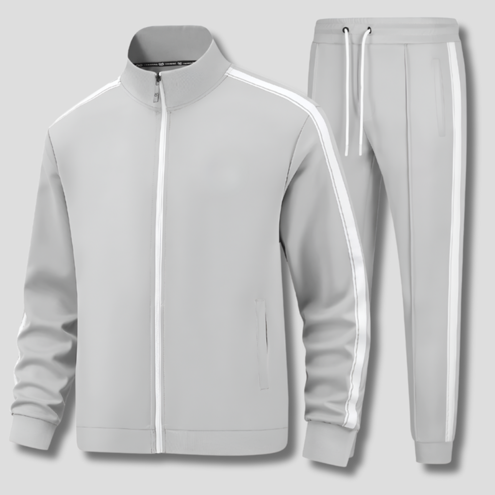 Men's stripe detail athletic set, a complete jogger and full zip jacket tracksuit for men's gym or casual fashion.