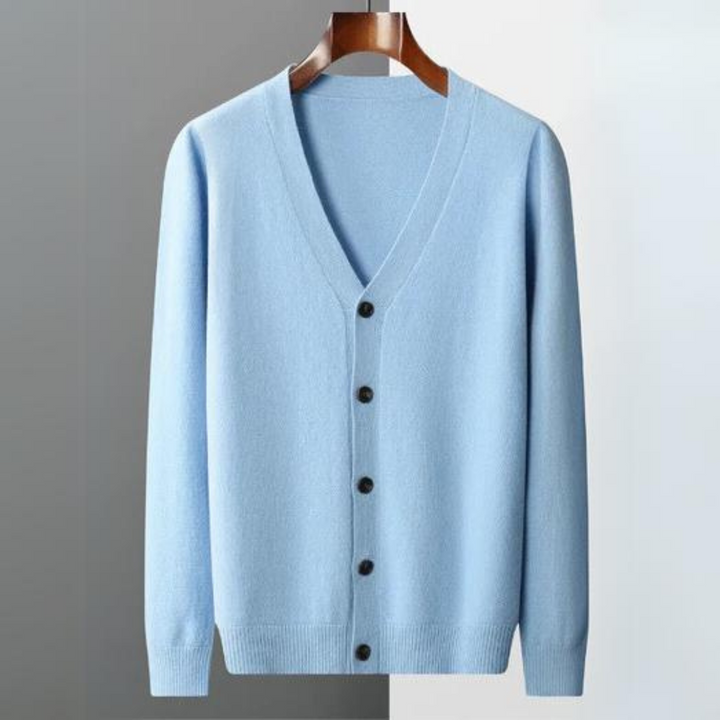 Men's V-neck button-front cardigan. A versatile sweater for fall fashion & winter layering.