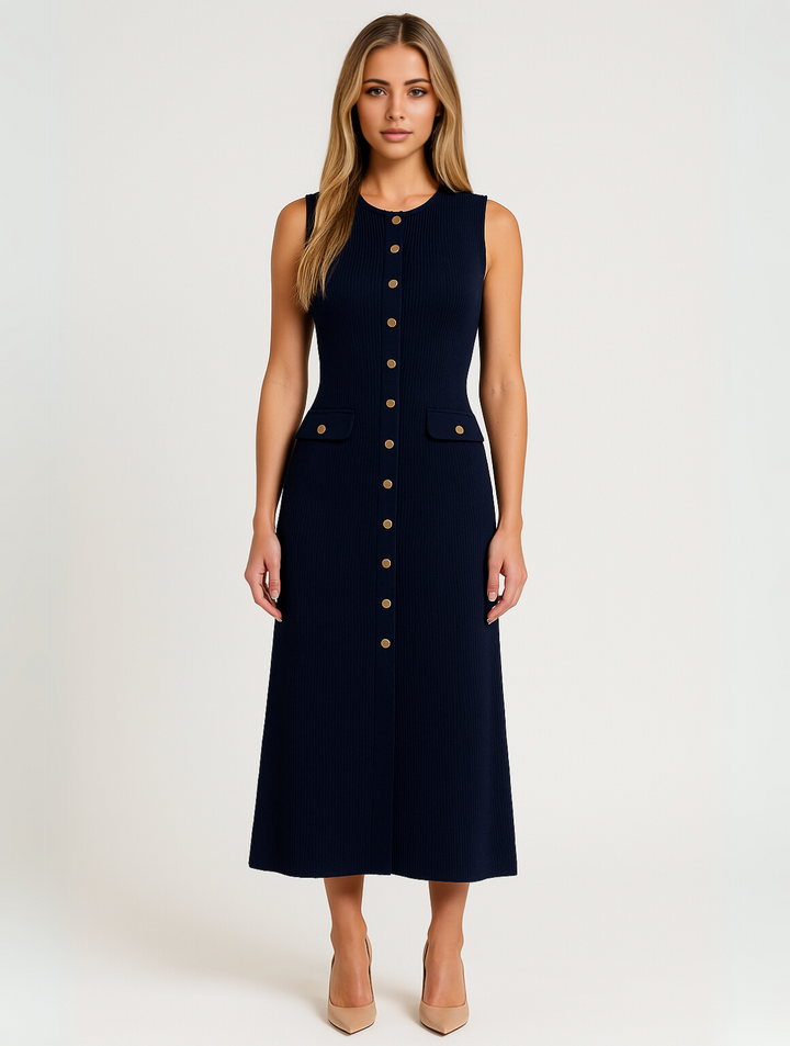 Women's elegant button-front ribbed midi dress in a flattering sleeveless design, perfect for sophisticated summer style.