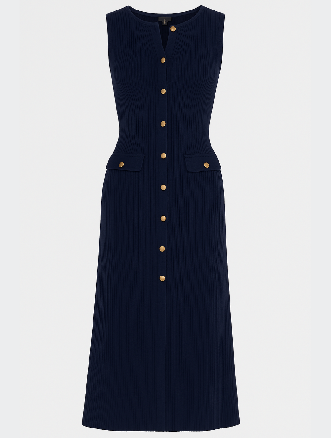 Sophisticated women's midi dress: elegant button-front, ribbed texture, and sleeveless. Perfect for work or day wear.