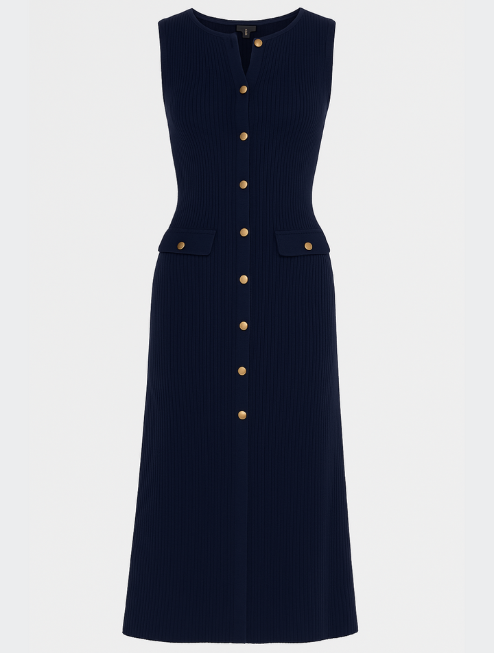 Sophisticated women's midi dress: elegant button-front, ribbed texture, and sleeveless. Perfect for work or day wear.