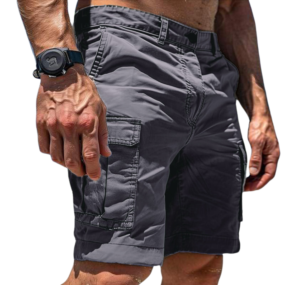 Men's classic cargo utility shorts in beige, showing multi-pockets & durable fabric for versatile summer style.