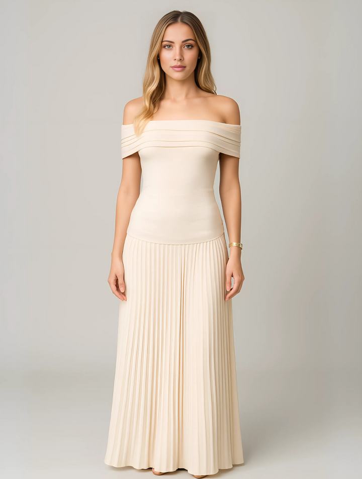 Elegant women's off-shoulder maxi dress, perfect for formal events & parties. Timeless feminine fashion.