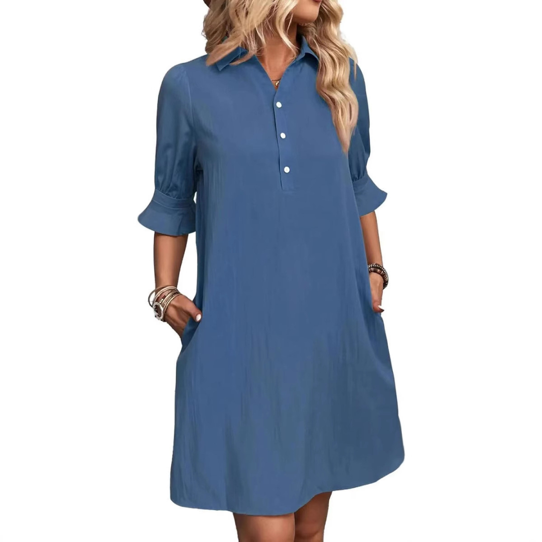 Stylish women's button down shirt dress, great for a casual spring or summer day outfit.