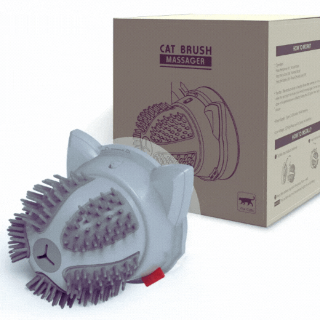 Auto cat massager & grooming brush with catnip chamber. Battery/USB powered for continuous feline care.