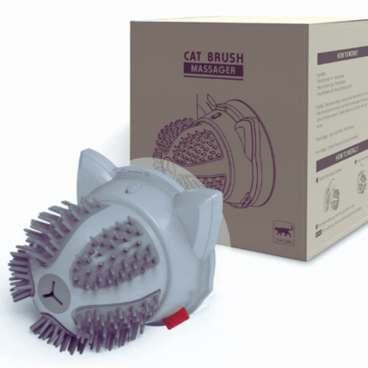 Auto cat massager & grooming brush with catnip chamber. Battery/USB powered for continuous feline care.