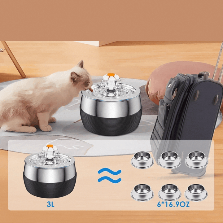 Quiet stainless steel pet fountain for multi-pet households, ensuring fresh water for dogs & cats.