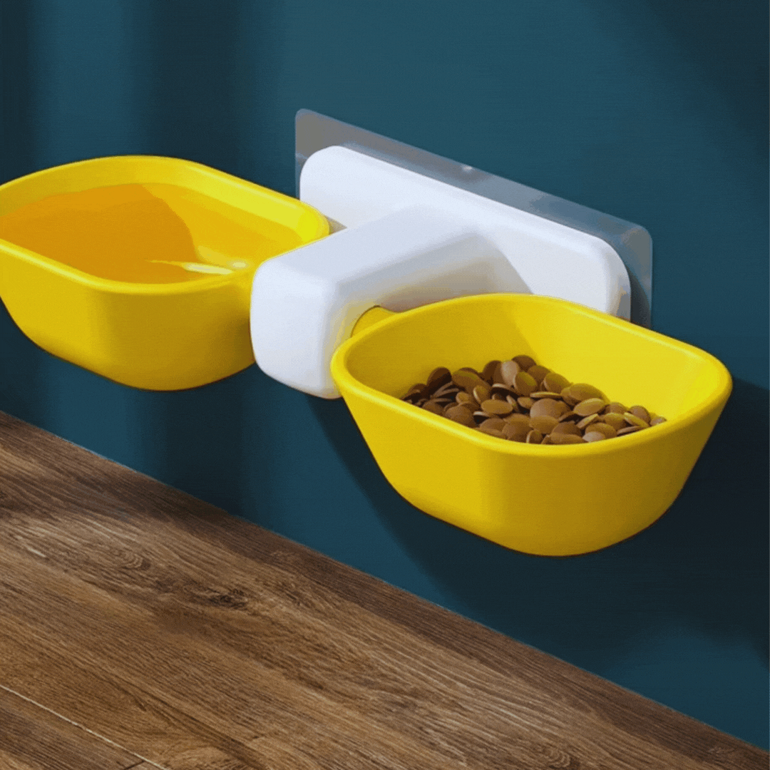 Elevated wall mount pet food dispenser with water bowl. Perfect for organized pet feeding & easy cleaning.