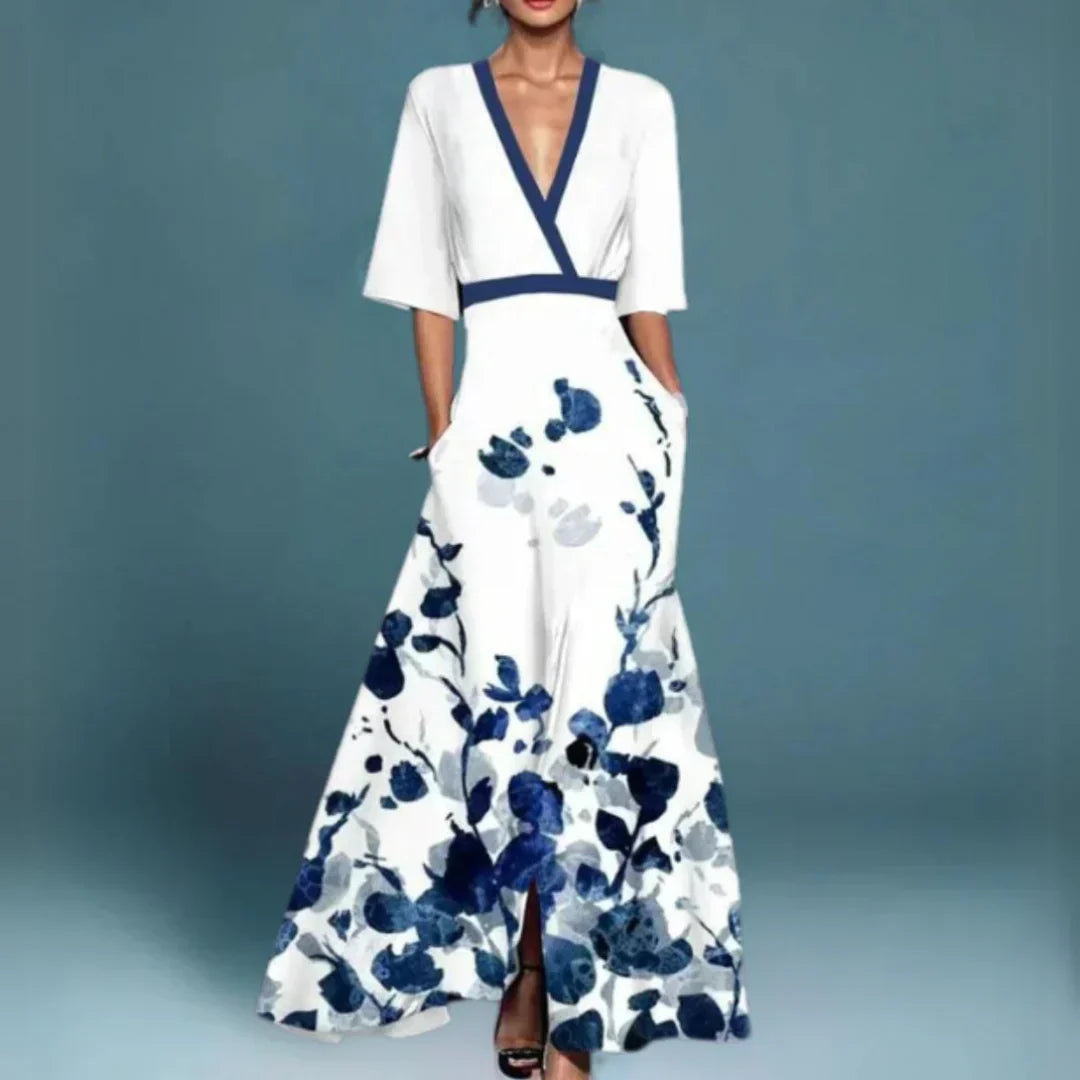 Comfortable white floral maxi dress for women, flowing design. Versatile for summer fashion & elegant events.