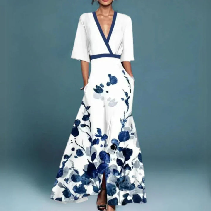 Comfortable white floral maxi dress for women, flowing design. Versatile for summer fashion & elegant events.