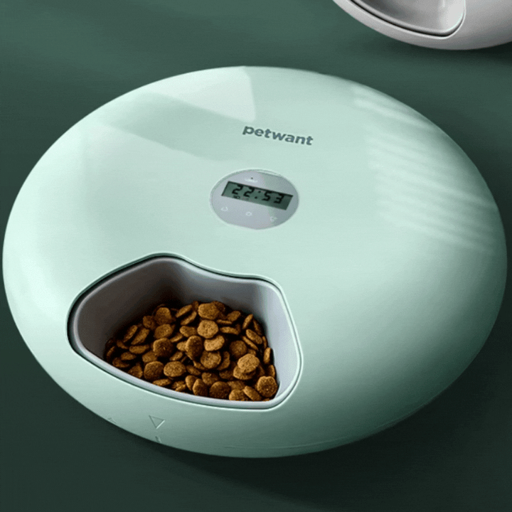 High-tech digital pet food dispenser bowl, ideal for managing timed meals for pets.