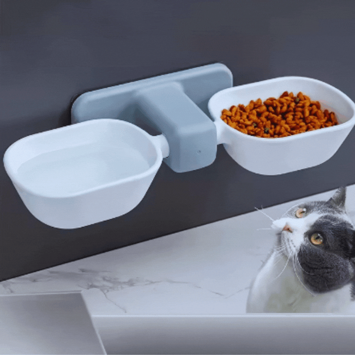 Wall mount pet food & water bowls, space-saving design for dogs & cats. Keeps floors clean, elevated feeding.