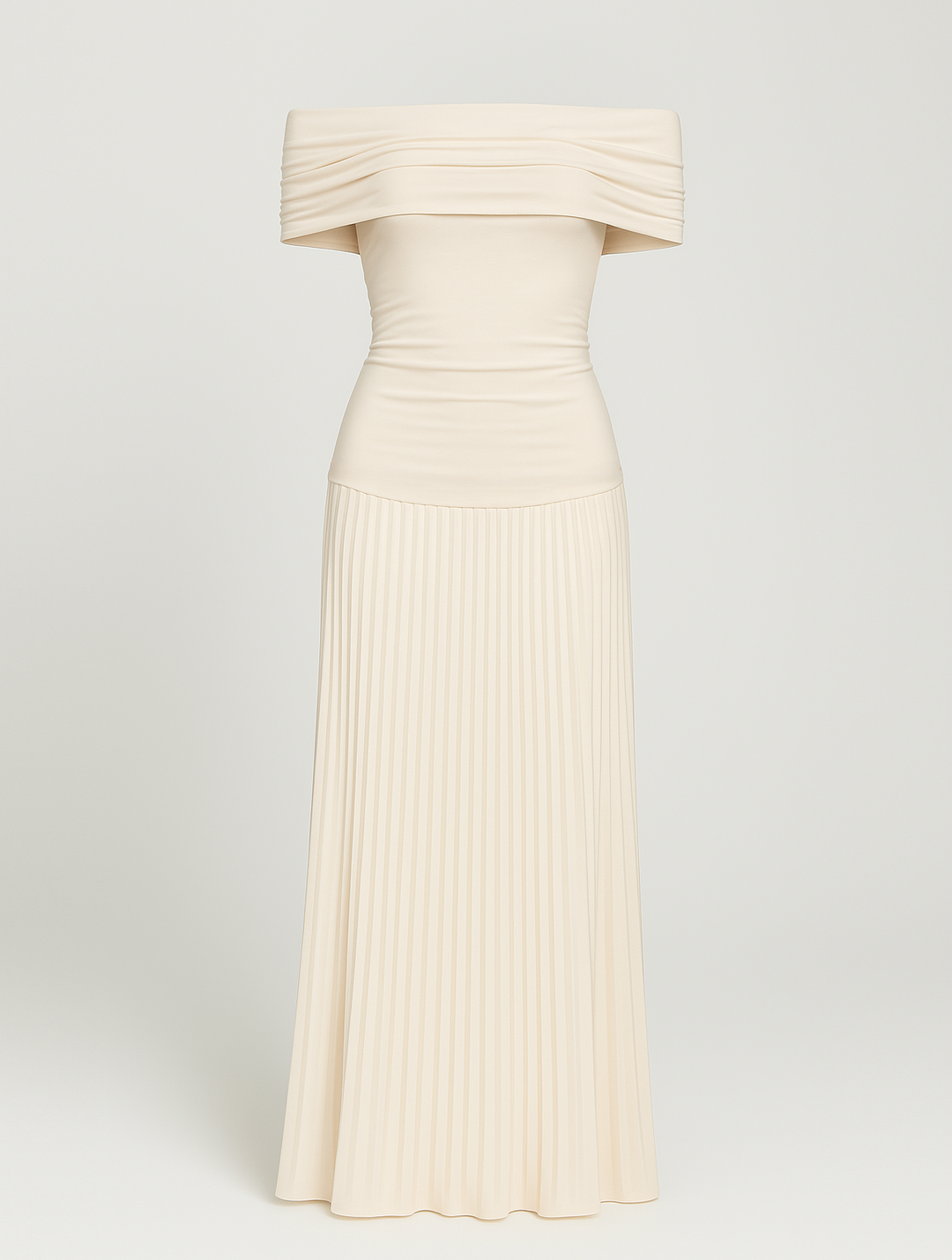 Women's formal off-shoulder maxi dress, featuring a flowing pleated skirt for an elegant evening gown look.