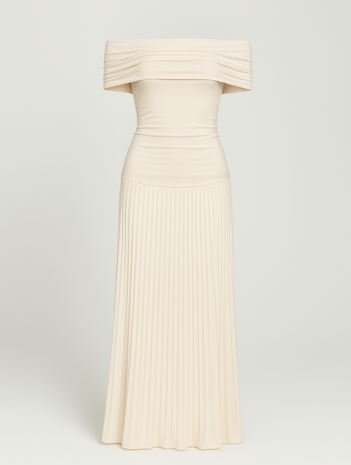 Women's formal off-shoulder maxi dress, featuring a flowing pleated skirt for an elegant evening gown look.