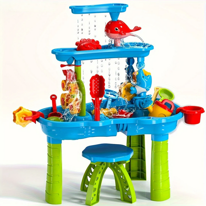Happy children splashing and playing with the Interactive Splash Fun Water Table in a sunny garden.
