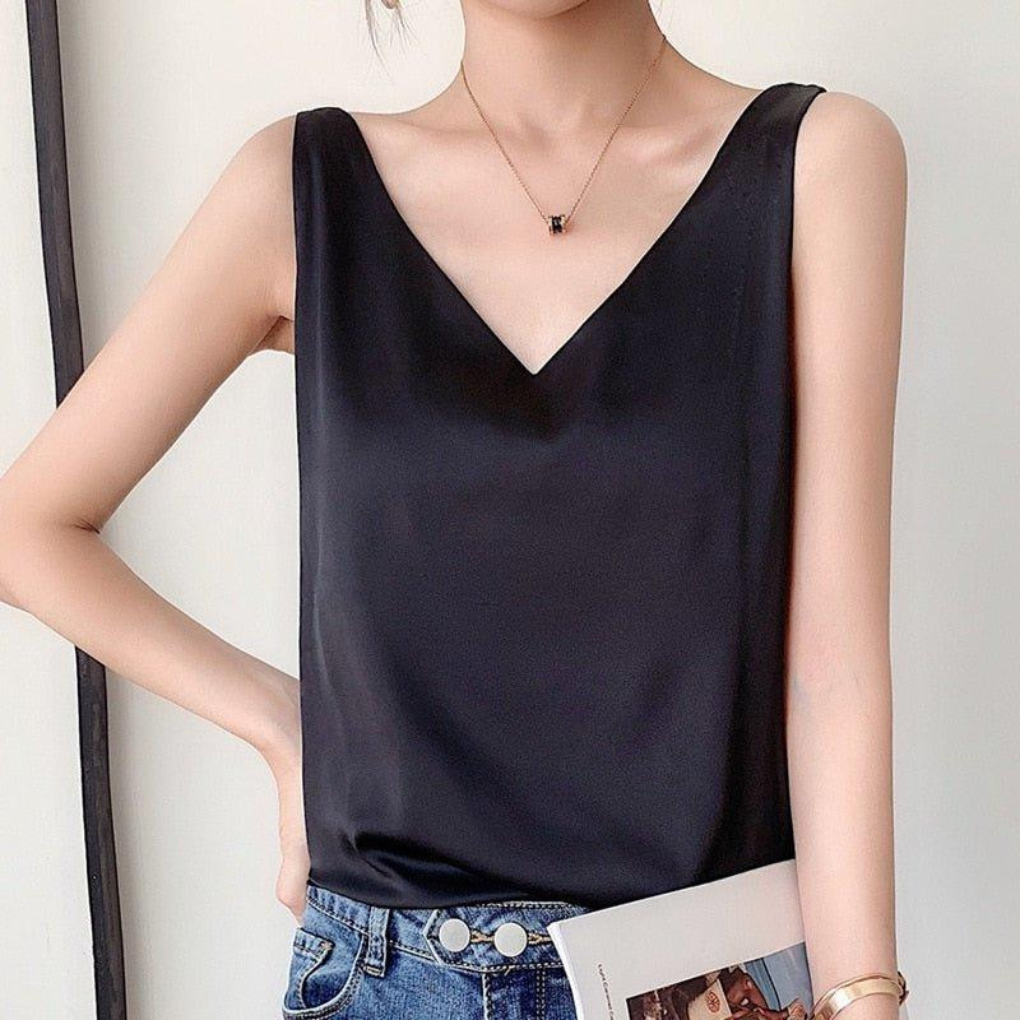 Flowy women's V-neck sleeveless tank top. Elegant & comfortable summer fashion, relaxed fit.