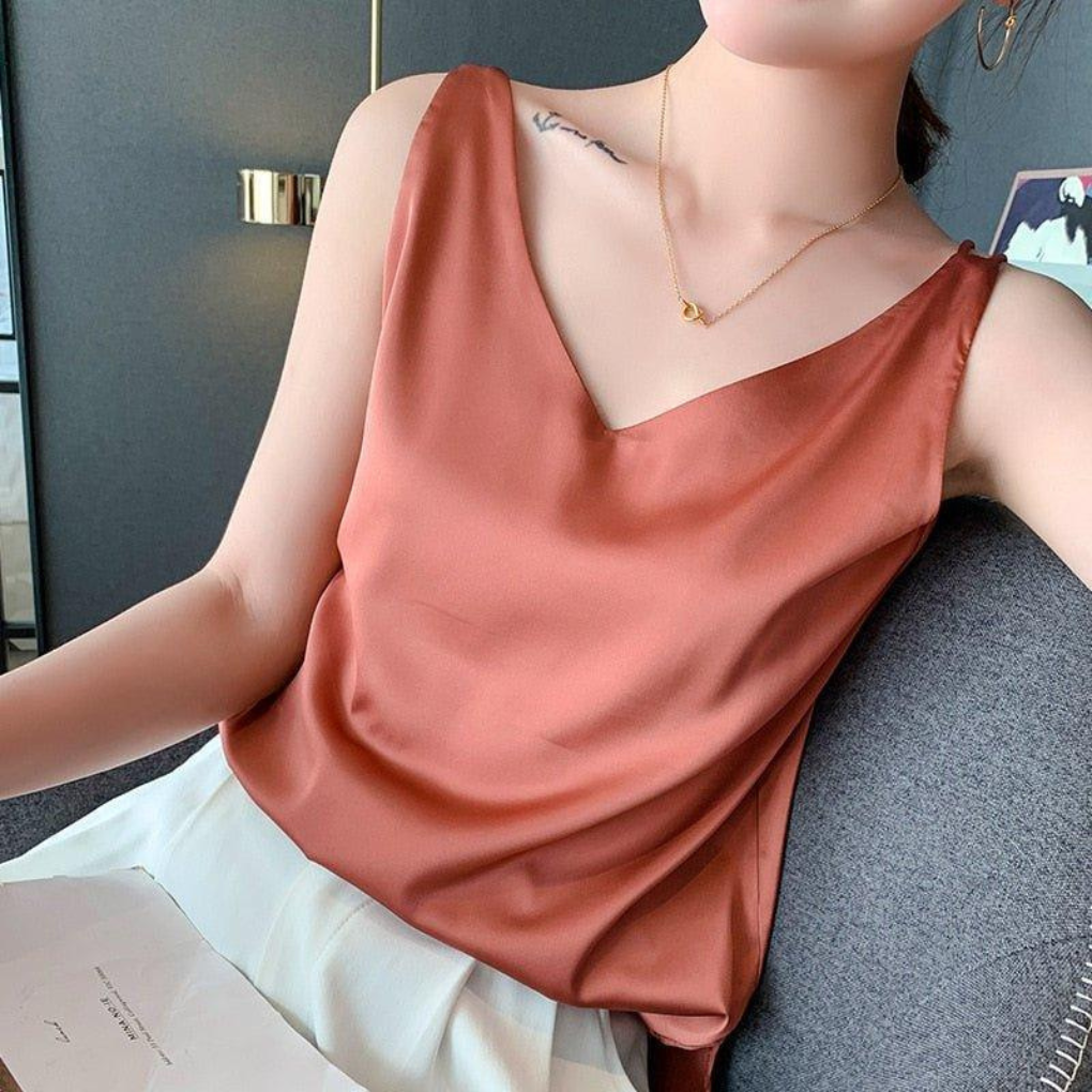 Versatile women's draped V-neck tank top. Sleeveless & relaxed fit for smart casual style.