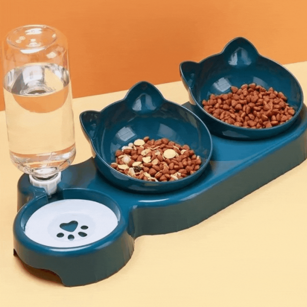 3-in-1 cat feeding bowl with anti-slip base for food, water & treats. Easy-clean pet feeder for cats.