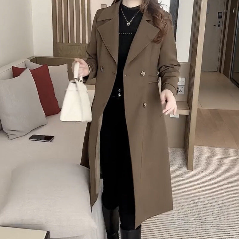 Versatile women's elegant long trench coat, a stylish fashion jacket.