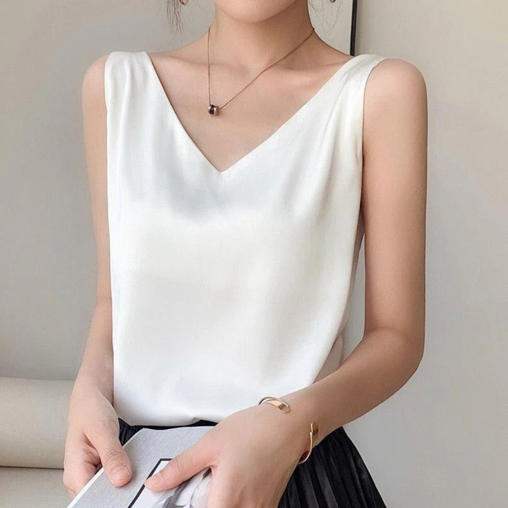 Soft draped women's V-neck sleeveless tank top. Elegant, relaxed fit for summer or smart casual.
