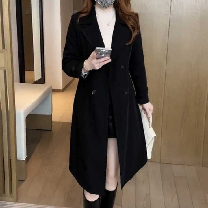 Elegant women's long trench coat, stylish fall & winter outerwear.