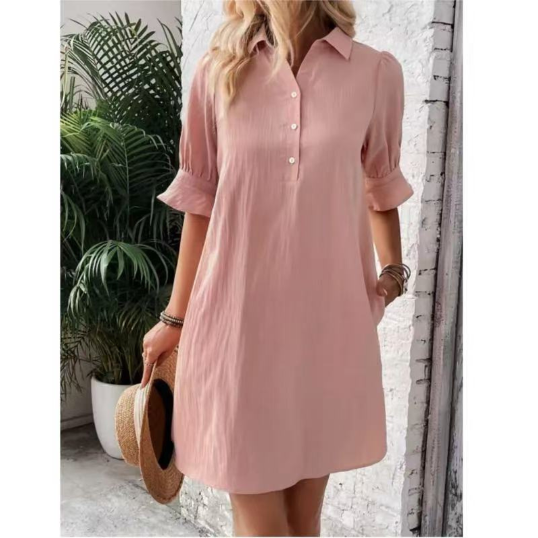 Versatile women's button down shirt dress, ideal for spring & summer casual day wear.