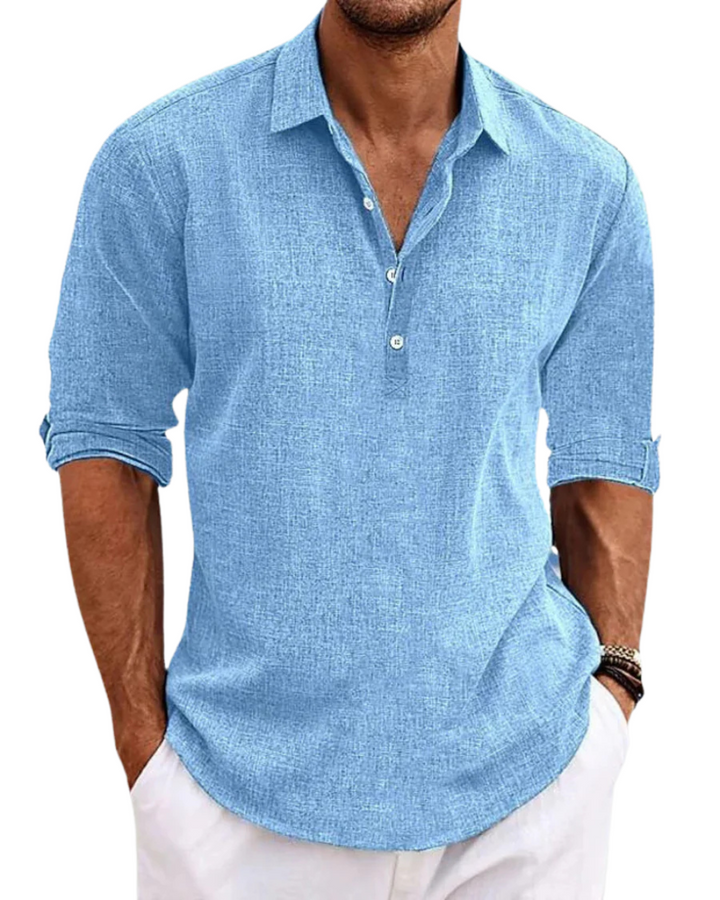 Tailored men's short-sleeve button-up shirt, perfect for effortless summer elegance and everyday wear.