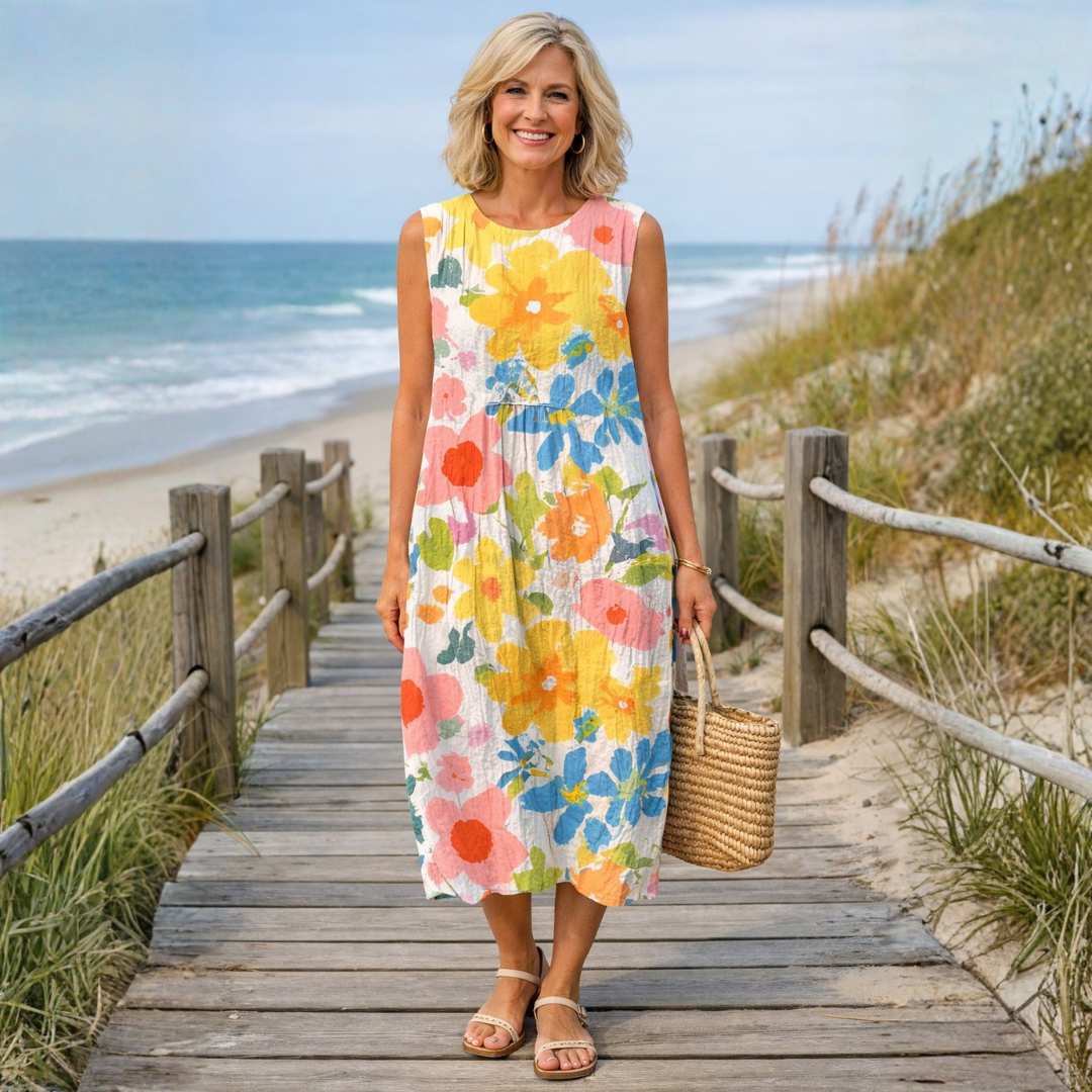Casual women's pastel floral midi dress with a flowy design, ideal for summer vacation or an elegant day out.