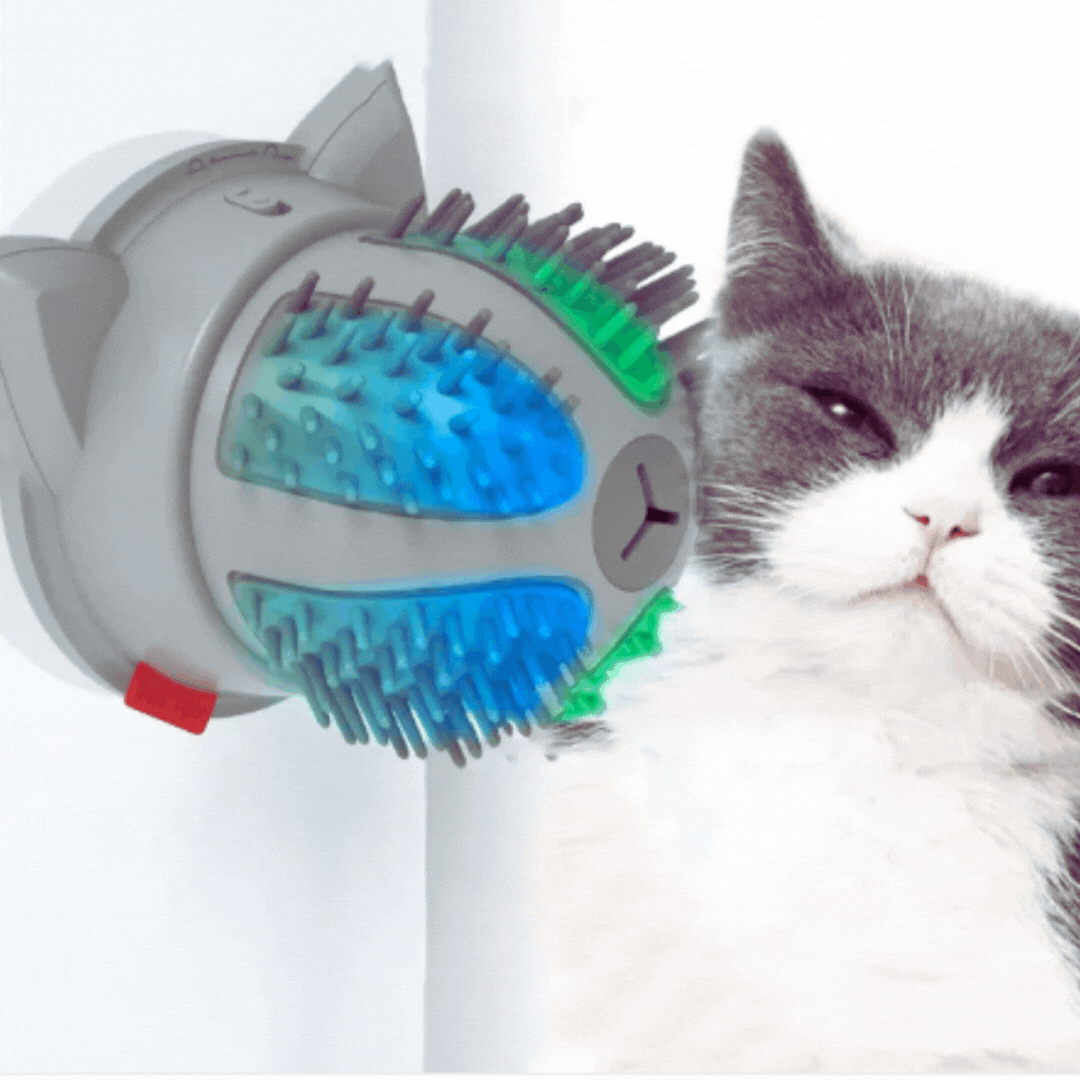 Feline electric self-grooming brush with catnip, offering a soothing pet massage. Dual power for convenience.