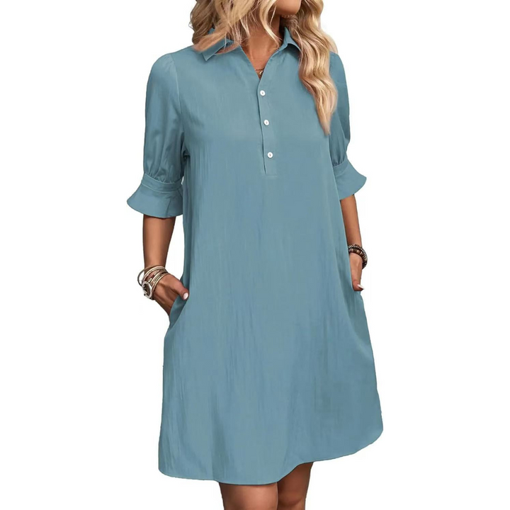 Relaxed fit women's shirt dress with button down front for comfortable, chic everyday fashion.