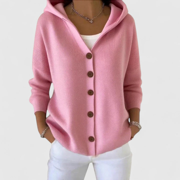 Chic women's hooded button-down cardigan, a cozy long-sleeve layering piece for versatile everyday wear.