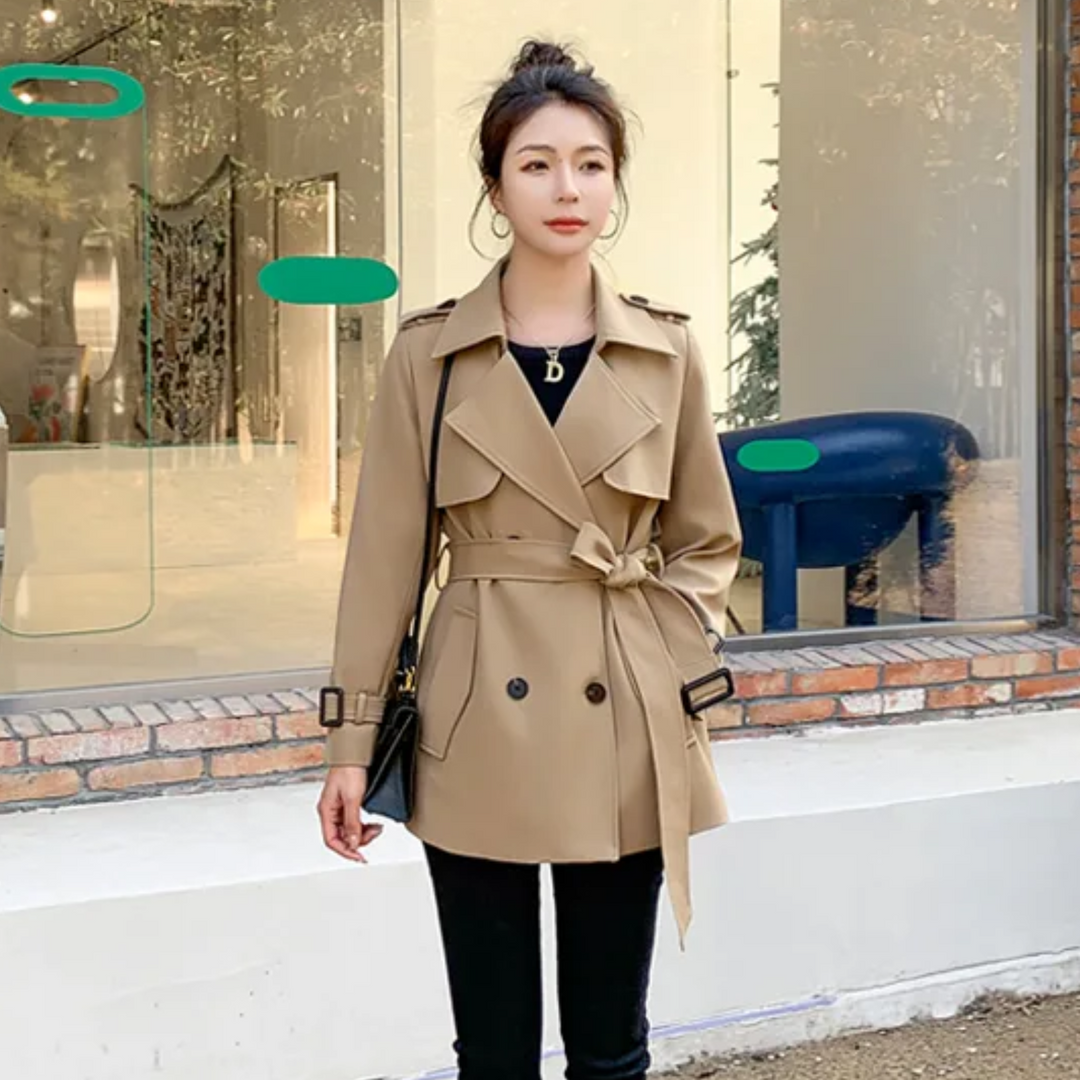 Elegant women's mid-length trench coat. Versatile ladies jacket for spring outerwear & fall fashion.