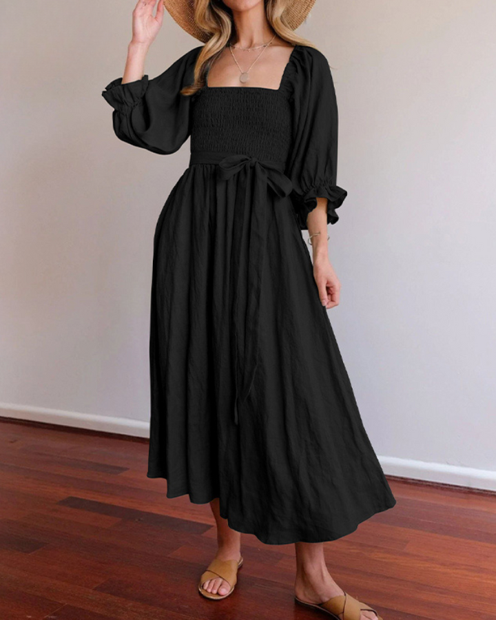 Chic women's fashion midi dress with elegant French ruffle sleeves, ideal for special occasions.