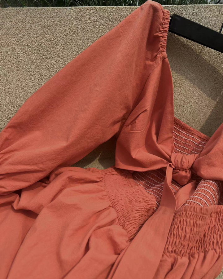 French-inspired elegant women's midi dress with sophisticated ruffle sleeves, occasion wear.