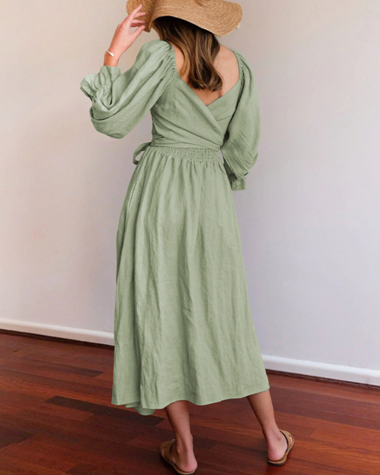 Sophisticated women's evening midi dress, elegant French ruffle sleeves for a chic formal look.