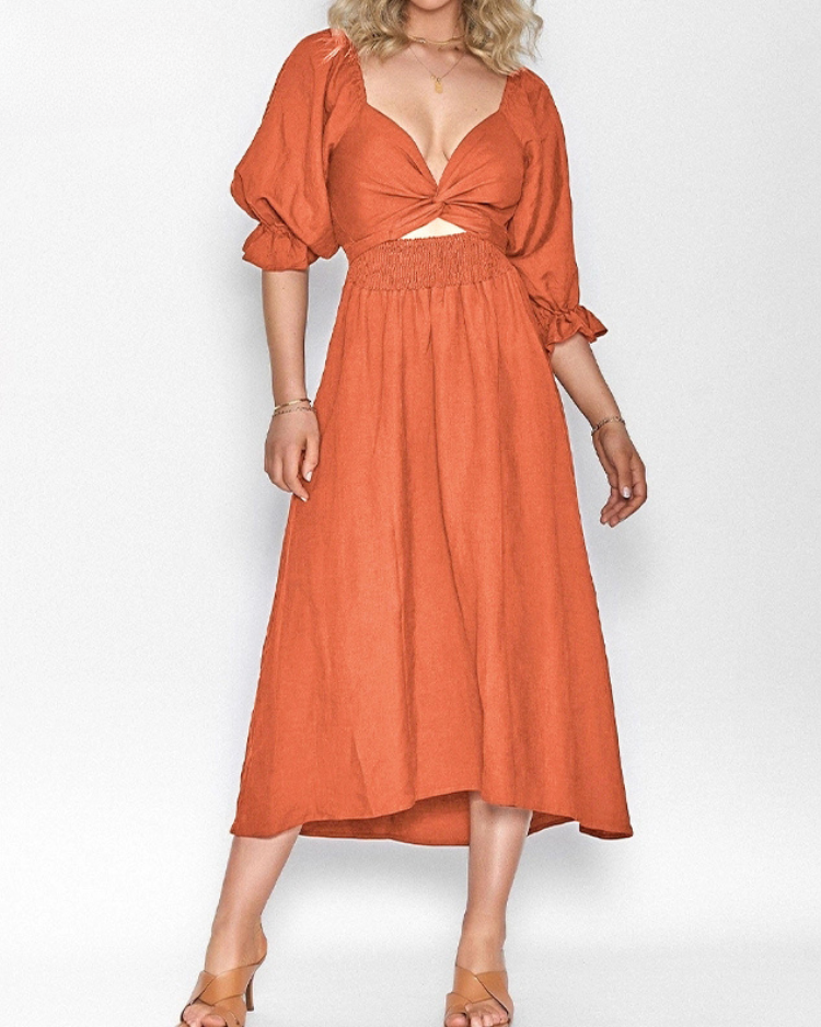 Women's elegant ruffle sleeve midi dress, a chic and flattering choice for formal events.