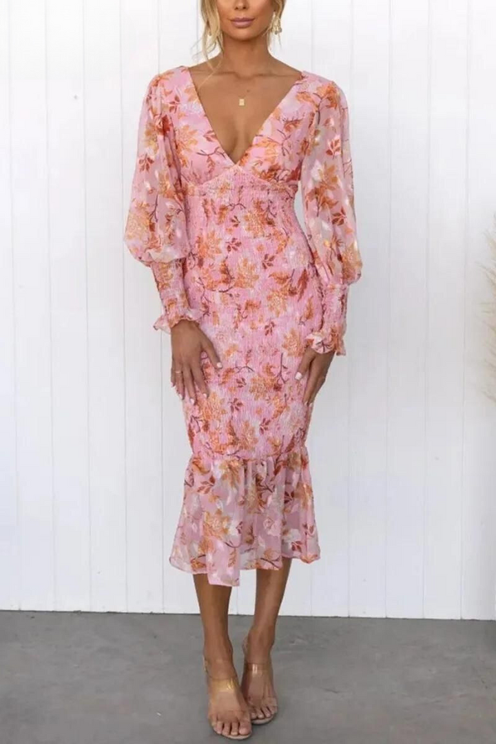 Elegant women's floral print midi dress for spring & summer. Perfect for casual or semi-formal occasions.