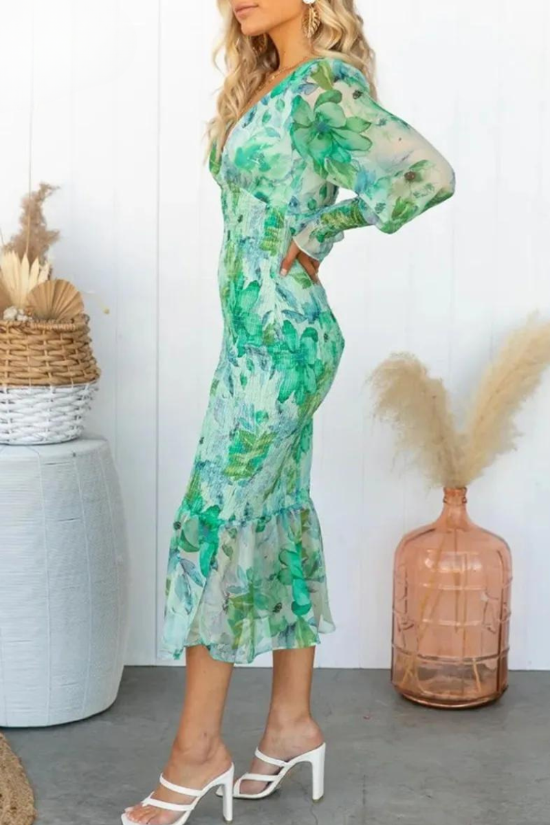 Chic women's floral print midi dress, an elegant choice for spring & summer outings.