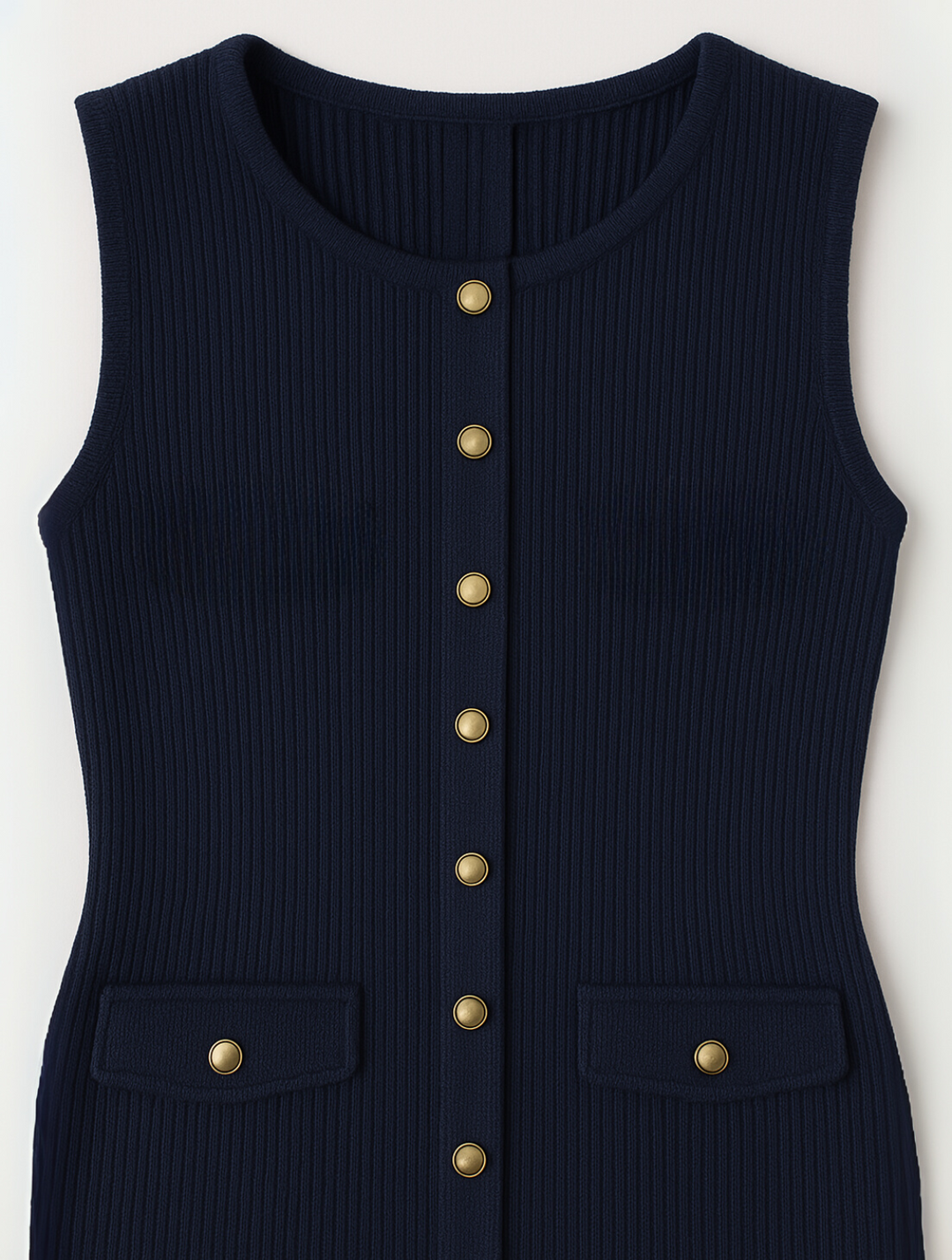 Ivory button-front ribbed midi dress for women. Sleeveless, elegant, and versatile for casual or sophisticated looks.